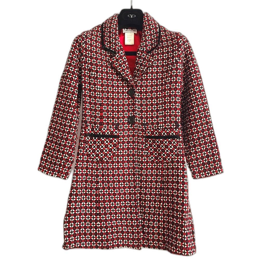 Stylish Red and Black Geometric Kids Pea Coat Size 8